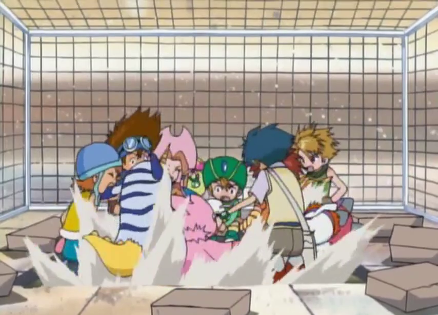 Screenshot of a frame showing the protagonists in a football gate while falling into they floor they dig out of masonry