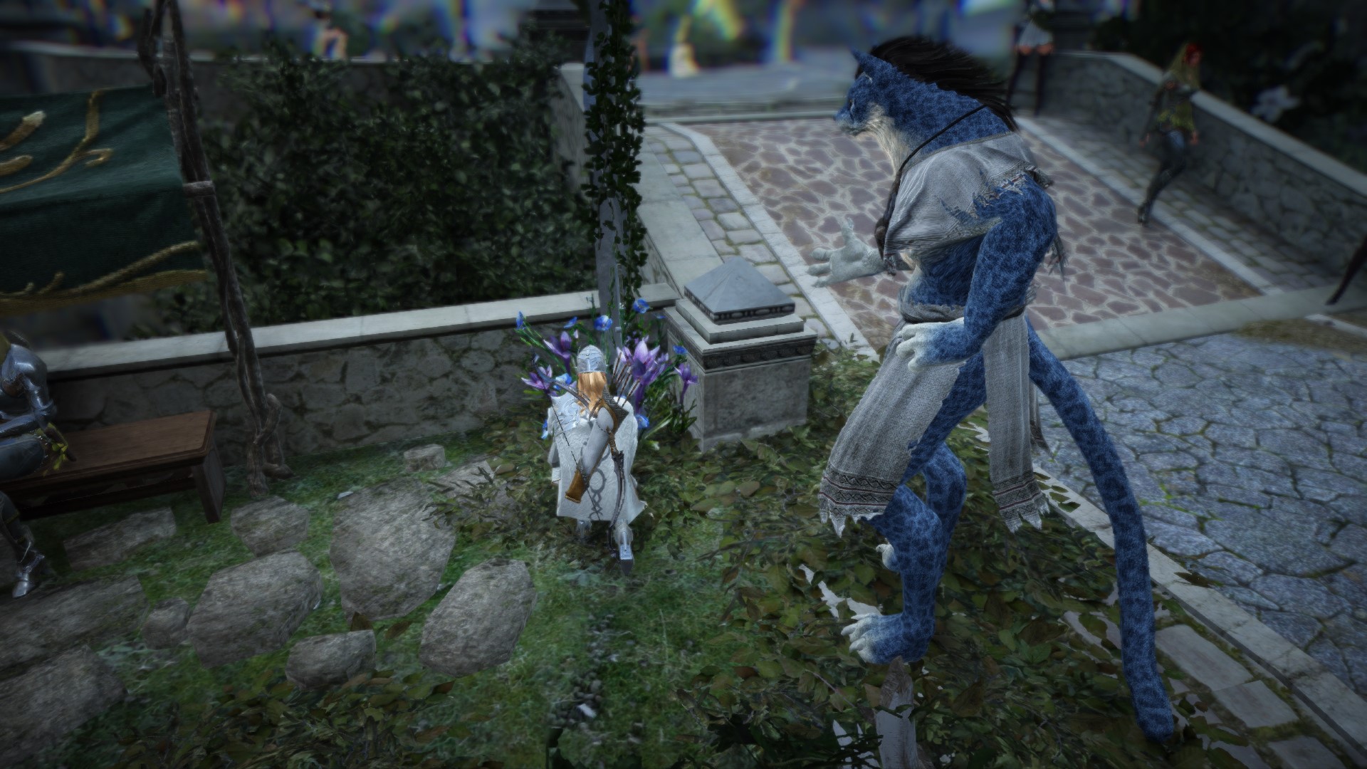 Screenshot of an elf crouched over some purple flower and a demi-human leopard standing nearby in an alley's corner'